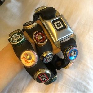 Vintage Leather Beer Bottle Cap & Seat Belt Belt